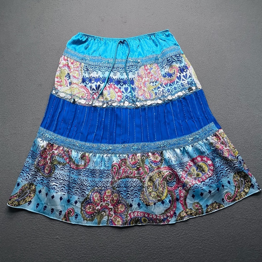 VTG Speechless Blue Paisley Tiered‎ Boho Y2K Skirt Womens Large Turquoise Sequin